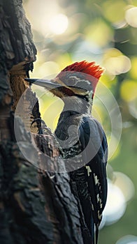 Colorful woodpecker with a vibrant red crown, black and white plumage, perched on a tree photo