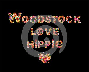 Colorful Woodstock, love and hippie flowers lettering with hippie peace symbol, heart shape for t shirt print, party poster and ot