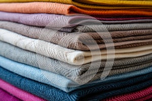 Colorful wool or alpaca blankets stacked in pile. Generative AI