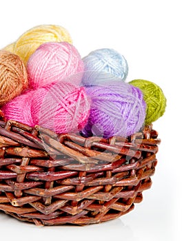 Colorful woolen yarn in a wicker basket