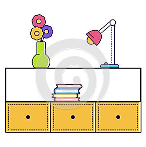 Colorful workspace desk with flower vase, books, and lamp. Modern home office interior design vector illustration