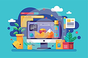 A colorful workspace features a computer with design elements, plants, and digital tools in a creative setting, Customizable flat