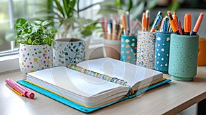 Colorful workspace with plants pens and an open art journal ready for creating vibrant designs and projects photo