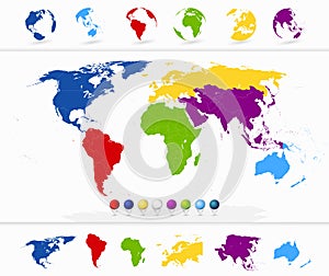 Colorful World Map with Continents and Globes