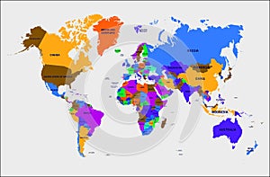 Colorful World Map With Country Names, Rivers, Lakes, Islands. Political Maps, Planet Cartography. Geography Politics Map, World