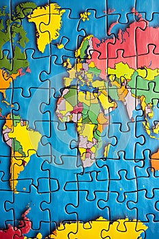 Colorful world map jigsaw puzzle unfinished on white background, geography education concept