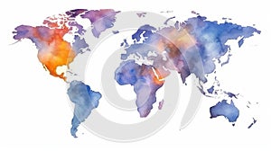 Colorful world map in watercolor style. Generative AI