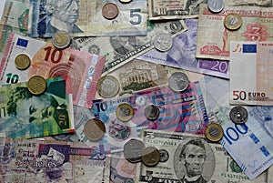 Colorful World Paper Money and coins background