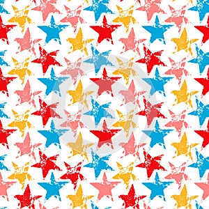 Colorful worn out grunge stars prints seamless pattern, vector