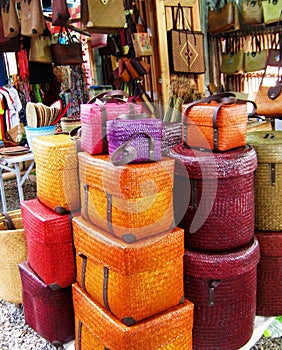 Colorful woven basket and box