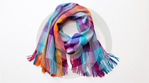 colorful, woven scarf with fringes, showcasing hues of orange, purple, blue, and green on a white background photo