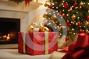Colorful wrapped gift box present bow near decorated glowing Christmas tree floor fireplace beautiful Xmas living room