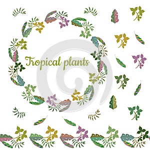 Colorful wreath made from different leaves of tropical plants. Endless horizontal brush. Seamless horizontal border
