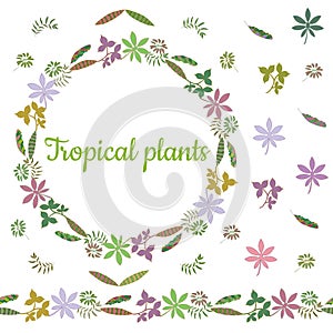 Colorful wreath made from different leaves of tropical plants. Endless horizontal brush. Seamless horizontal border