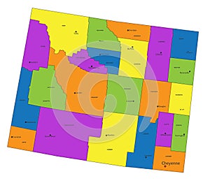 Colorful Wyoming political map with clearly labeled, separated layers.
