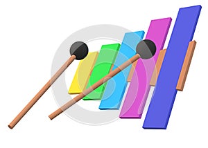 A colorful xylophone set with a pair of striking mallets all at a tilted angle white backdrop