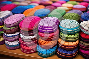 colorful yarmulkes neatly arranged on a table