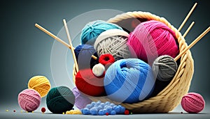 Colorful yarn balls falling out basket knitting needles isolated white background knit up threaded needle hobby craft ball blue