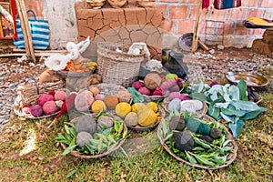 Colorful yarn balls in traditional baskets in Andes Mountains near Cusco, Peru