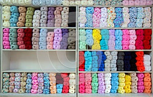 Colorful of Yarn Balls Wool in a Fabric Shop