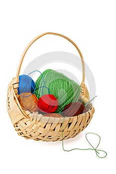 Colorful yarn and crochet hook for knitting in wicker basket