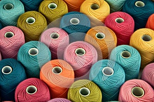 Colorful yarn spools arranged in a pattern for background use