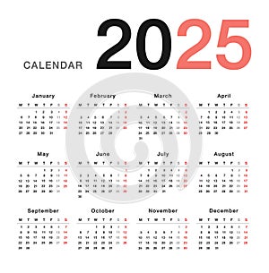 Colorful Year 2025 calendar horizontal vector design template