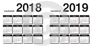 Colorful Year 2018 and Year 2019 calendar horizontal vector design template, simple and clean design.8