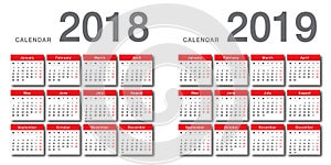 Colorful Year 2018 and Year 2019 calendar horizontal vector design template, simple and clean design.8