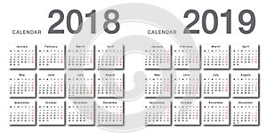 Colorful Year 2018 and Year 2019 calendar horizontal vector design template, simple and clean design.8