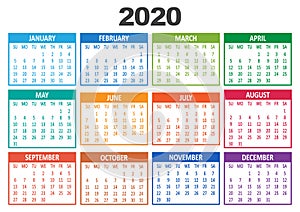 Colorful yearly calendar 2020. Week starts from Sunday. Vector