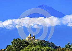 Colorful Yellow Our Lady of Remedies Church Volcano Popocatepetl Cholula Mexico