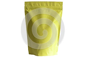 Colorful yellow paper doypack food pouch with zipper on white background