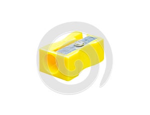 Colorful yellow pencil sharpener isolated on white background with clipping path