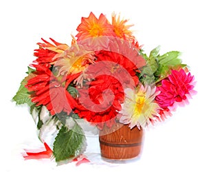 Colorful yellow, red needle dahlia flowers with water drops in a ceramic mug, scattered petals isolated on white, blured in motion