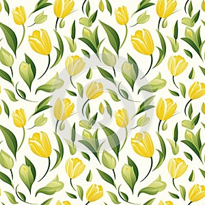 Colorful yellow tulip and green leaf seamless pattern illustration. feminine style floral background, spring season Generative AI