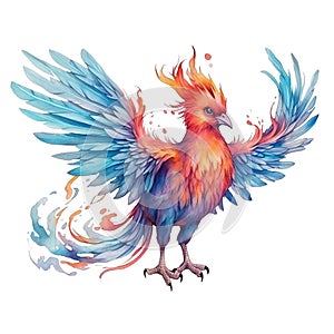 Colorful Young Mythical Phoenix Pheasant Bird Clip Art, Watercolor Painting Style