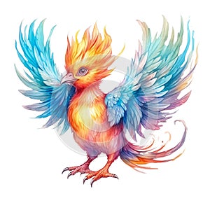 Colorful Young Mythical Phoenix Pheasant Bird Clip Art, Watercolor Painting Style