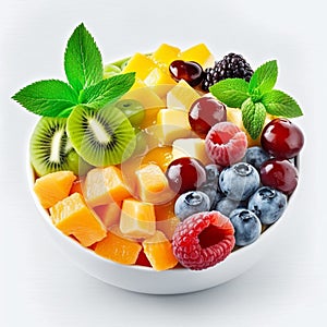 Colorful yummy fruit salad isolated at white background