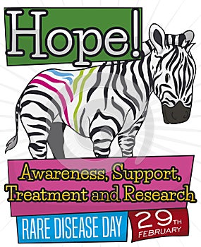 Colorful Zebra with Labels and Precepts Commemorating Rare Disease Day, Vector Illustration