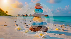 Colorful Zen Stones Balanced on a Tropical Beach at Sunset. Generative ai