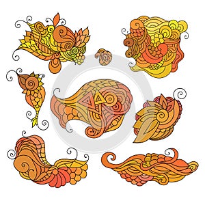 Colorful zentangle doodle sketch. Set of tattoo sketches. Ethnic tribal wavy vector illustration