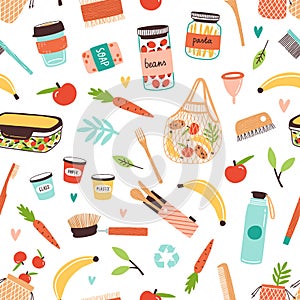 Colorful Zero Waste durable and reusable goods and vegan food seamless pattern. Eco friendly items or products vector