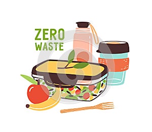 Colorful Zero Waste lunch vector flat illustration. Eco friendly durable and reusable items - thermo mug, vacuum flask