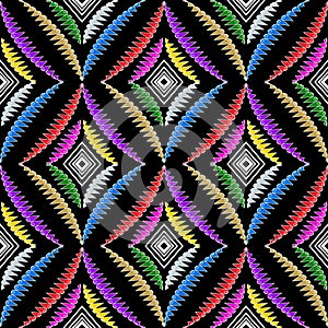 Colorful zigzag vector seamless pattern. Tribal ornamental geometric background. Zig zag lines, shapes, stripes, rhombus. Abstract