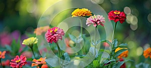 Colorful zinnias in beautiful garden, flower bed close up