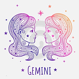 Colorful zodiac sign gemini vector lineart. Easy to recolor.Zentangle style