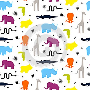 Colorful zoo animal silhouettes baby seamless vector pattern.