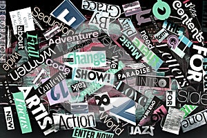 Colorfulcollage of words on a mood board. bright atmospheric background of words and letters cut out from a magazine.