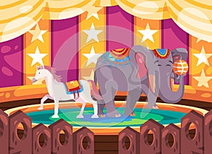 Colorfull circus tent elephant and horse perform with a ball in arena cartoon illustration